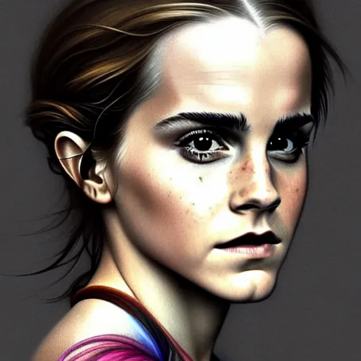 Image similar to Very funny Emma Watson looking like an old monkey, colorful painting on grey scale face, powerful , magic, thunders, dramatic lighting, intricate, wild, highly detailed, digital painting, artstation, concept art, smooth, sharp focus, illustration, art by artgerm and greg rutkowski and alphonse mucha, footage