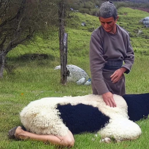 Prompt: a shepherd getting a massage from a sheep