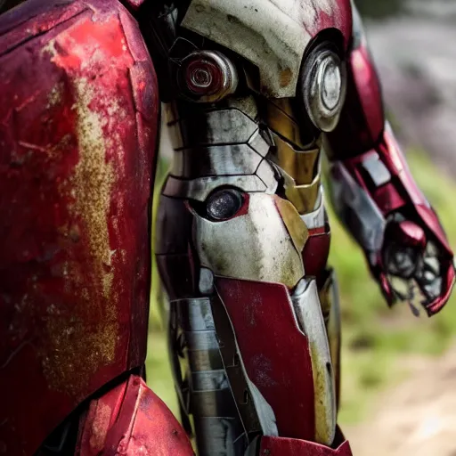 Prompt: rusted and overgrown iron man suit, 4k realistic photo