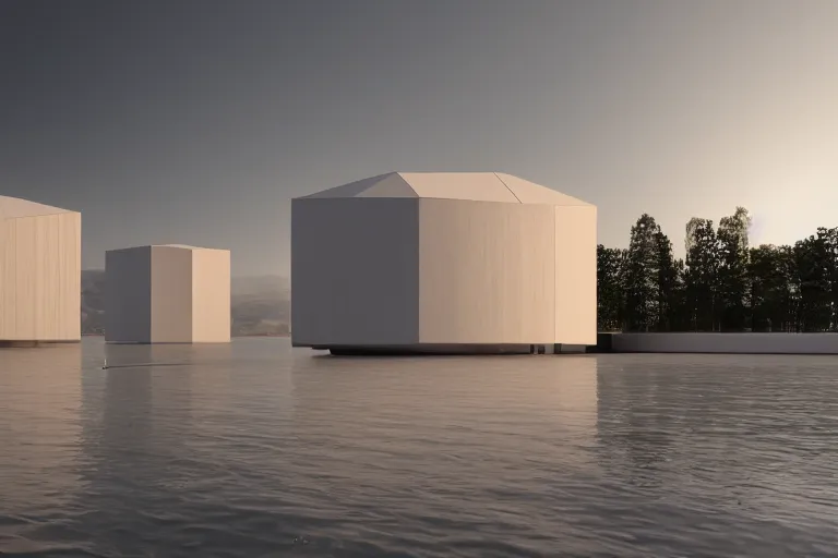 Prompt: the big skum white building formed by the intersection of many white egg shaped spherical spaces, on the calm lake, people's perspective, future, interior wood, marble, award winning, highly detailed 4 - k art, dusk, unreal engine highly rendered, global illumination, radial light, internal environment