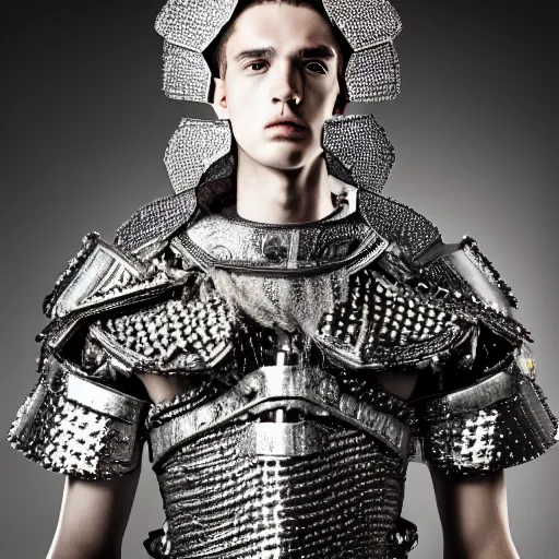Prompt: a portrait of a beautiful young male wearing an alexander mcqueen armor made of diamond , photographed by andrew thomas huang, artistic