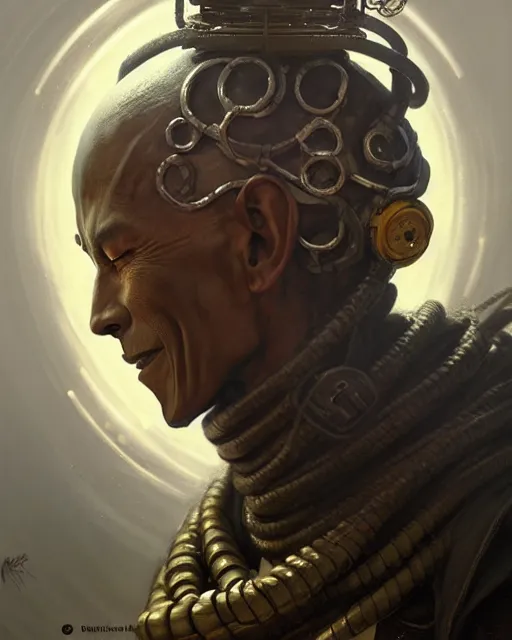 Prompt: zenyatta from overwatch, character portrait, concept art, intricate details, highly detailed by greg rutkowski, michael whelan and gustave dore