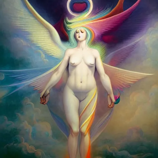 Image similar to psychedelic angelic celestial being artwork of peter mohrbacher, by henry fuseli, ayahuasca, energy body, sacred geometry, esoteric art, rainbow colors, divinity