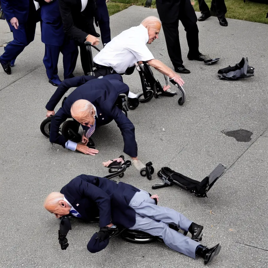 Image similar to joe biden falling off his wheelchair faceplanting on the ground, award winning photo