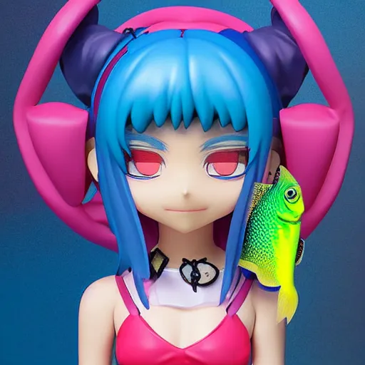 Image similar to a digital painting of a girl with a fish on her head, nendoroid 3 d, cyberpunk art by hanna kime, avetetsuya studios, cgsociety, seapunk, anime aesthetic, rendered in maya