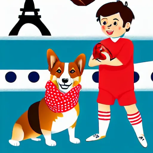 Image similar to illustration of french boy in paris playing football against a corgi who is wearing a polka dot scarf