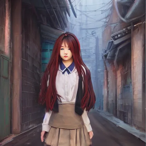 Image similar to a perfect, realistic professional oil painting of a Japanese schoolgirl posing in a dystopian alleyway, style of Marvel, full length, by a professional American senior artist on ArtStation, a high-quality hollywood-style concept