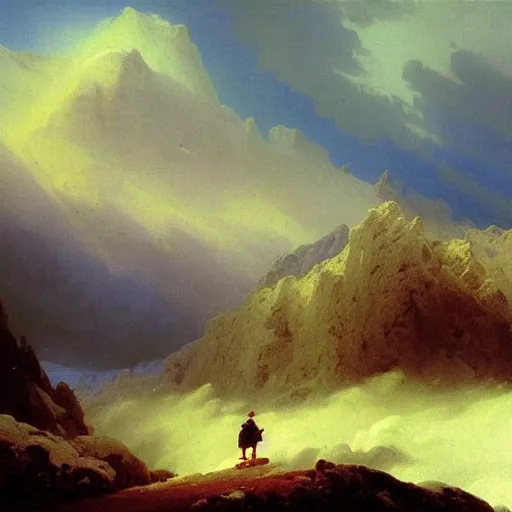 Image similar to a dramatic mountainous landscape matte painting by Ivan Aivazovsky