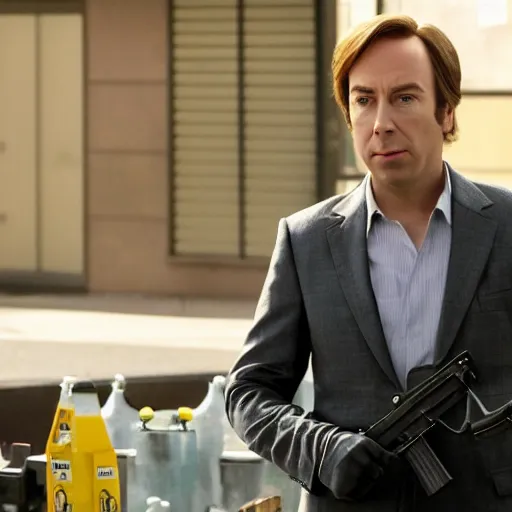 Prompt: Jimmy McGill or Saul Goodman is chimp with a machine gun, still from Breaking Bad,