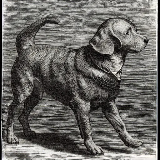 Prompt: happy dog, full body portrait, engraving, illustration, smooth, sharp focus, beautifully detailed, rule of thirds, by gustave dore