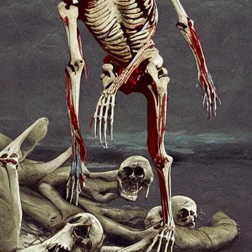 Prompt: Gollum floats on a bloody stream, bones, skeletons