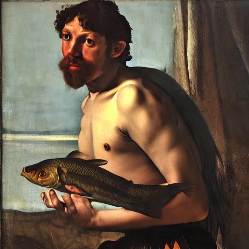 Prompt: the portrait of realistic fish man, in the style of Caravaggio, soft lighting, masterpiece, 8k,