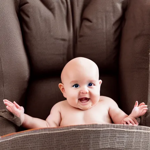 Prompt: A photo a Bald, 6 month old Baby boy, playing an over sized guitar while sitting in a lazy boy recliner. 50mm lens, f1.8