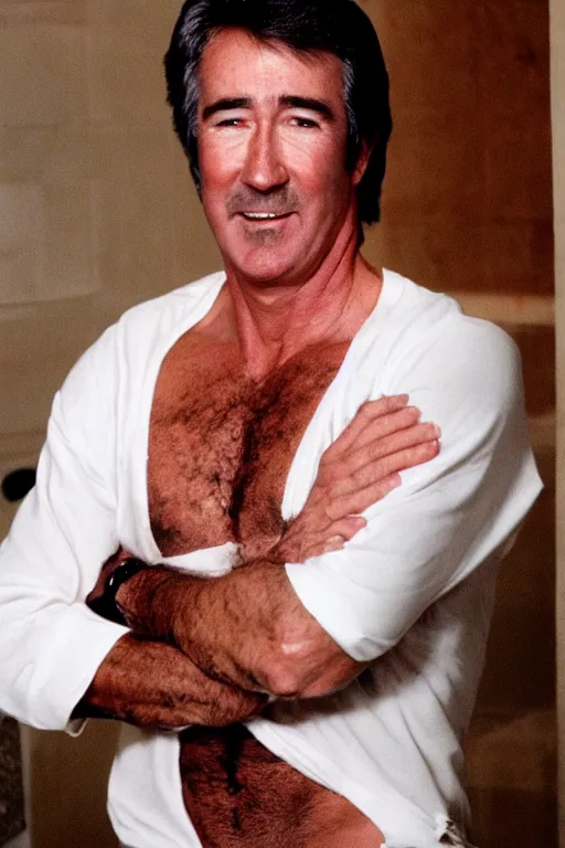 Prompt: randy mantooth smeared with chocolate, wearing white underpants, standing by a dirty toilet