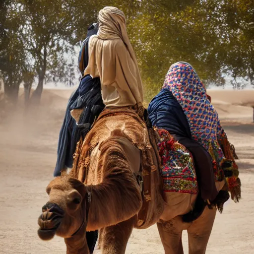 Prompt: anna forsterling and saul bromberger, yulia nevskaya, pulitzer, photorealistic, bokeh, 4 k, fine 5 k details, fine details, fine intricate / woman wear burqa ride camel and handling gun in shaaran