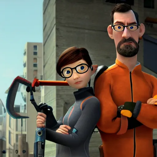 Image similar to pixar half - life 2 movie featuring gordon freeman and alyx vance