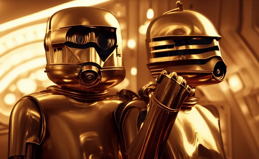 Image similar to hamster as c - 3 po, movie still, star wars, cinematic, sharp focus, cinematic grain, cinematic lighting, 8 k