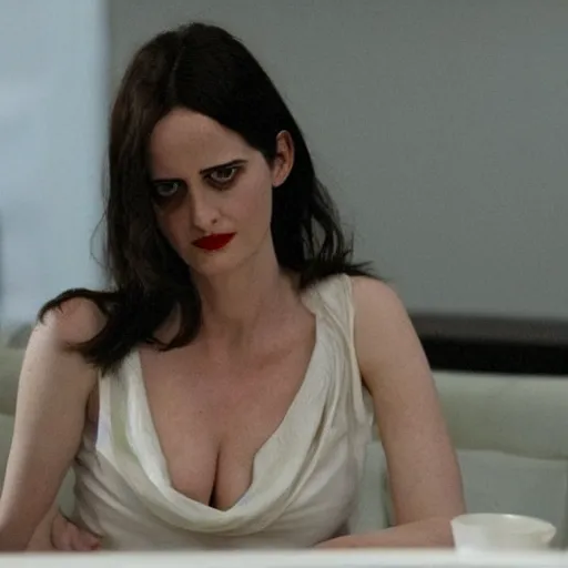 Image similar to eva green as catherine tramell in the famous interrogation scene from the film basic instinct.