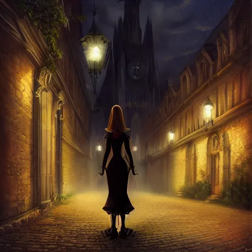 Prompt: an elegant woman stands in a quiet street in an old gothic city, high resolution, highly detailed, dark fantasy, night, by anne stokes