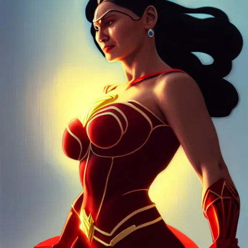 Image similar to iza calzado as darna, volumetric lights, red and cyan theme, art nouveau botanicals, intricate, highly detailed, digital painting, artstation, concept art, smooth, sharp focus, cinematic, illustration, beautiful face, art by artgerm and greg rutkowski and alphonse mucha