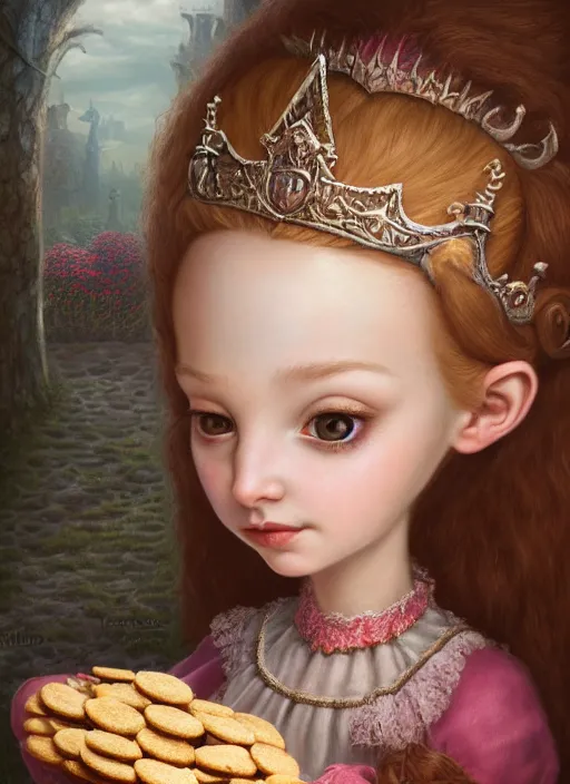 Image similar to highly detailed closeup portrait of a fairytale medieval princess eating cookies, unreal engine, nicoletta ceccoli, mark ryden, lostfish, earl norem, global illumination, god rays, detailed and intricate environment