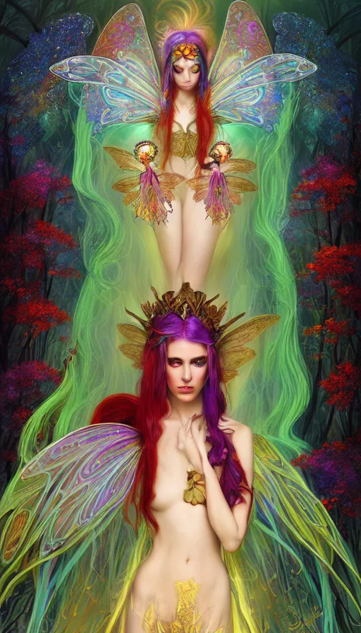 Image similar to a colorful and stunningly beautiful female faerie priestess in amanita muscaria forest landscape, symmetrical wings on back, neon hair, fantasy art, wearing a dress of gossamer gold, dark light night, sharp focus, digital painting, 4 k, concept art, art by charlie bowater and alphonse mucha, brom, face by otto schmidt