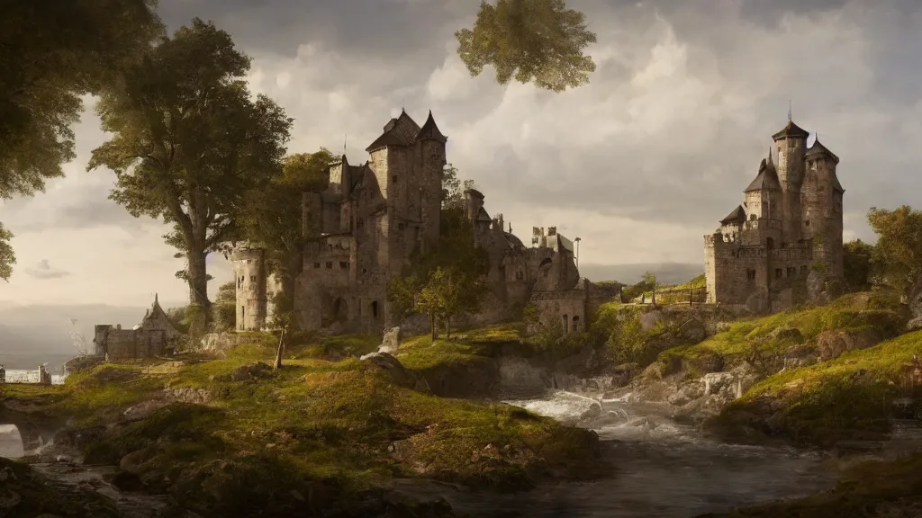 Image similar to newly built castle sitting by the seaside with rolling hills and a small village by eugene von guerard, ivan shishkin, dramatic lighting, concept art, trending on artstation, 8 k