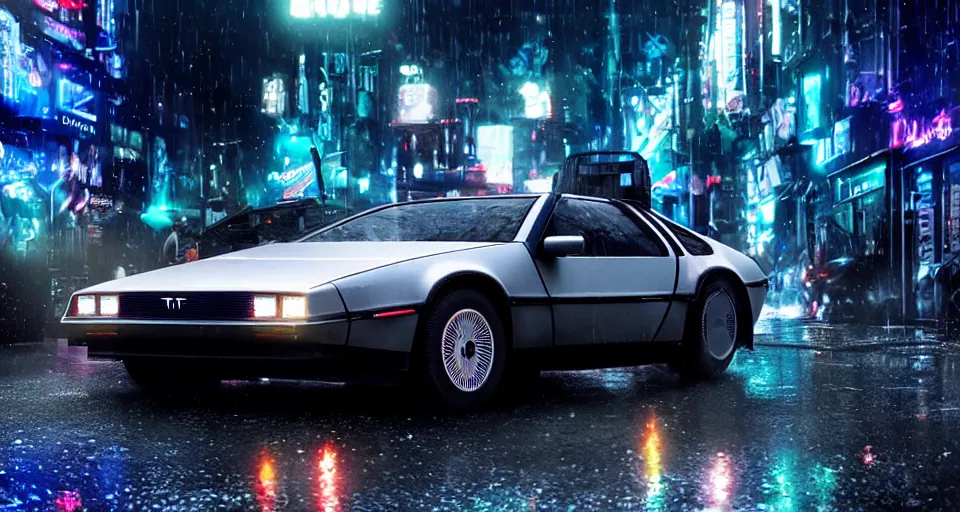 Image similar to a 2 8 mm closeup photo of a delorean tron tesla car on wet city street at night, intricate, hyper detailed, smooth, high contrast, neon, volumetric lighting, octane, moebius, greg rutkowski, blade runner, ripley scott, cindmatic