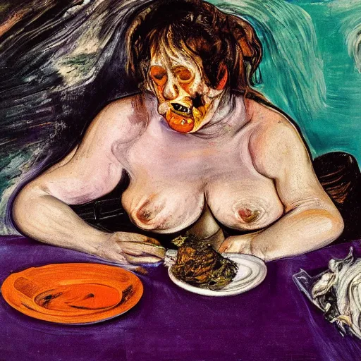 Prompt: high quality high detail expressionist painting of a woman eating in agony by lucian freud and jenny saville and francis bacon and francisco goya and edvard munch, hd, anxiety, seated at table crying and screaming, turquoise and purple and orange and pink