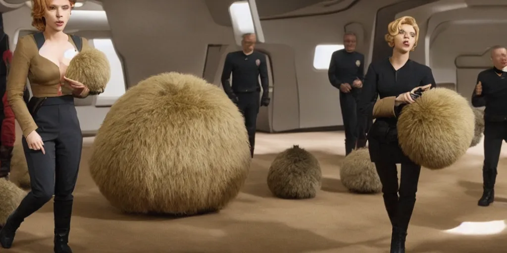 Image similar to Scarlett Johansson and Tribbles in a scene from Star Trek