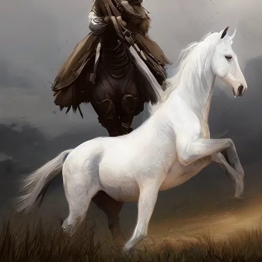 Image similar to a white horse The one who rode him carried arrows and a bow in his hand, and they gave him a crown, digital Art, Greg rutkowski Trending artstation