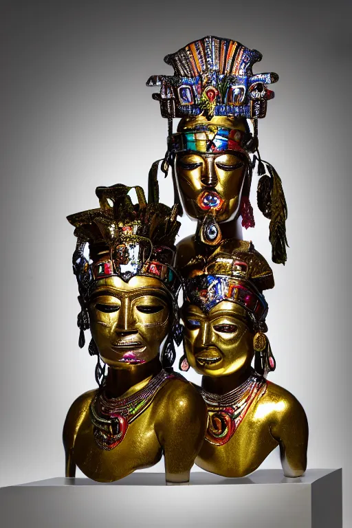 Prompt: chrome carved statue of inca goddess symmetrical three faces, metallic polished sculpture, dressed with a colorful wrapped silk cloak, made by antonio corradini, and dug stanat macabre art, dark surrealism, epic and cinematic view, volummetric light, texturized, detailed, 8 k