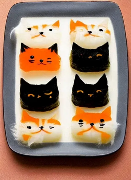 Image similar to clear surrealist painting of adorable cats made from sushi rice, sitting on sushi plates with garnish