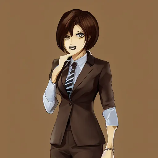 Image similar to female lawyer, business suit, brown neat hairr, pixiv, fanbox, trending on artstation, digital painting, defense attorney, modern, sleek, highly detailed,