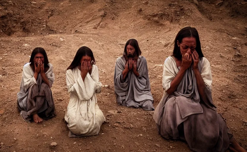 Image similar to three maria's crying in a landscape because jesus died, cinematic, dynic pose, award winning photo by national geographic