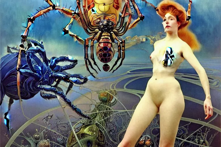 Image similar to realistic extremely detailed portrait painting of a fully dressed woman with a giant spider, futuristic sci-fi landscape on background by Amano, Yves Tanguy, Alphonse Mucha, Ernst Haeckel, Edward Robert Hughes, Roger Dean, rich moody colours, blue eyes