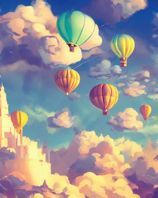 Image similar to flying cloud castle, buildings, baloons, machines, bright, blue sky, mountains, colorful, cinematic lighting, fantasy, high detail, illustration, masterpiece, artstation, 4 k, art by wylie beckert