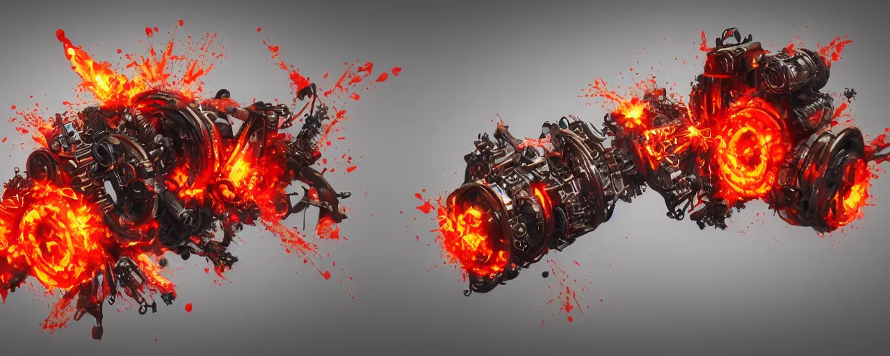 Image similar to atomic, flaming heat, clockwork, expressive, 3 d rendering, speedpainting