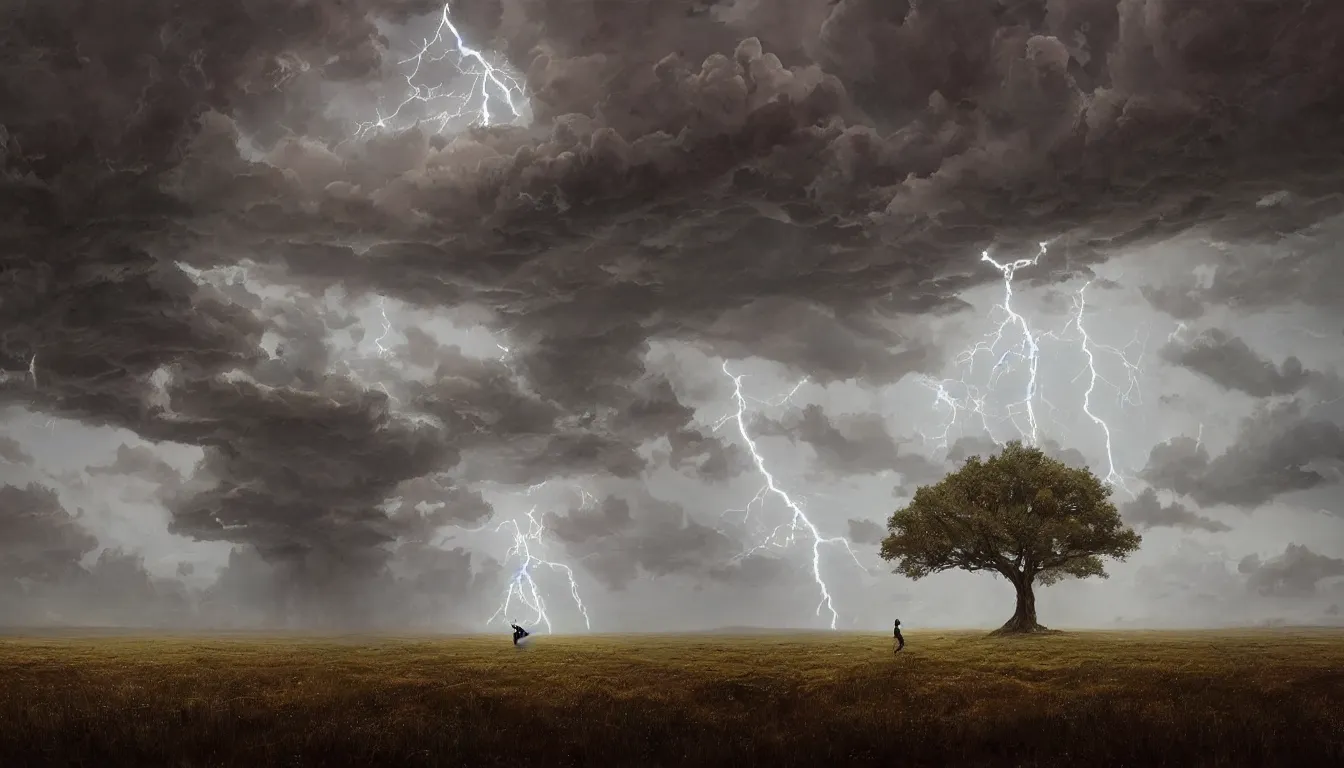 Image similar to a highly detailed epic cinematic concept art CG render digital painting artwork: Lone tree in lightning storm. By Greg Rutkowski, in the style of Francis Bacon and Syd Mead and Norman Rockwell and Beksinski, open ceiling, highly detailed, painted by Francis Bacon and Edward Hopper, painted by James Gilleard, surrealism, airbrush, Ilya Kuvshinov, WLOP, Stanley Artgerm, very coherent, triadic color scheme, art by Takato Yamamoto and James Jean