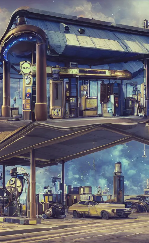 Image similar to steampunk gas station in space, concept art, polished, realistic, hard edges, zoomed in, very coherent, sharp focus, rim light, exquisite lighting, blue gradient, hard edges, sci - fi, cinematic, octane render