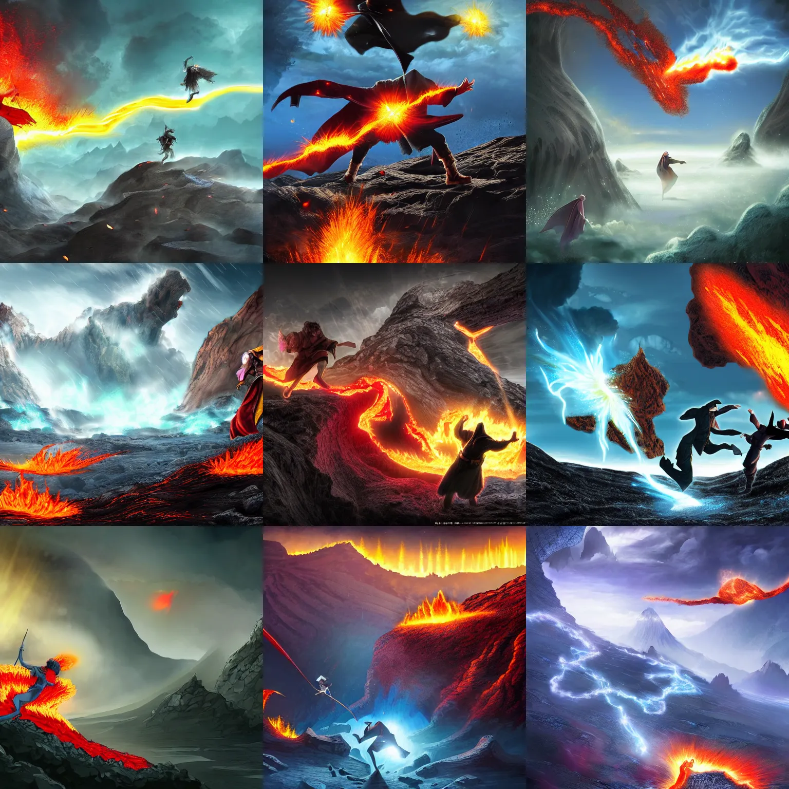 Image similar to two mysterious wizards fighting and falling towards the center of the Earth, rocks falling, lava in the background, digital art highly-detailed epic fantasy