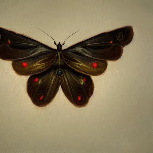 Image similar to close portrait of a beautiful mysterious elegant moth, oil on canvas, romanticism style, natural, mood lighting, dramatic, dreamlike, painterly, peaceful, digital art, highly detailed, trending on artstation