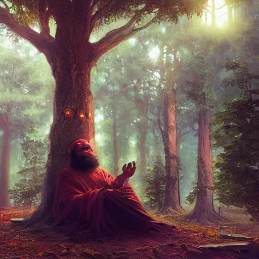 Image similar to a long beard sage worshipping under the tree of wisdom, magical world, by greg rutkowski, sung choi, photo realistic, 8 k, cinematic lighting, hd, atmospheric, hyperdetailed, trending on artstation, devainart, digital painting, glow effect