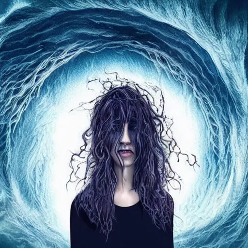 Prompt: floating wavy haired eldritch being, tears, laughter, cosmic imagery, intense emotion, emotional concept art, photography hyperrealism, detailed eyes, glitch! art, fractal