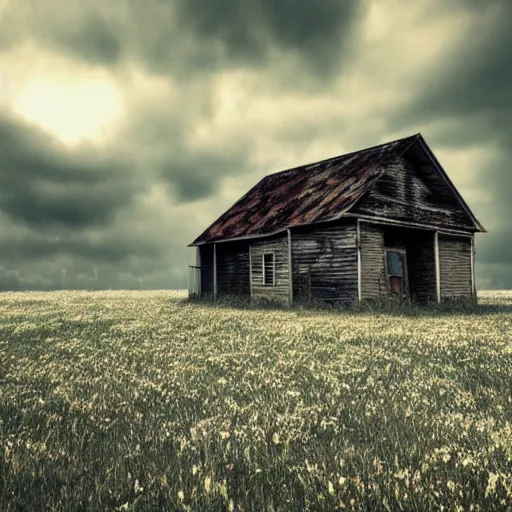 Image similar to old abandoned house in daisy field, cloudy sky, huge cloud, mist, ultra - realiste, cinematic, hd, 8 k