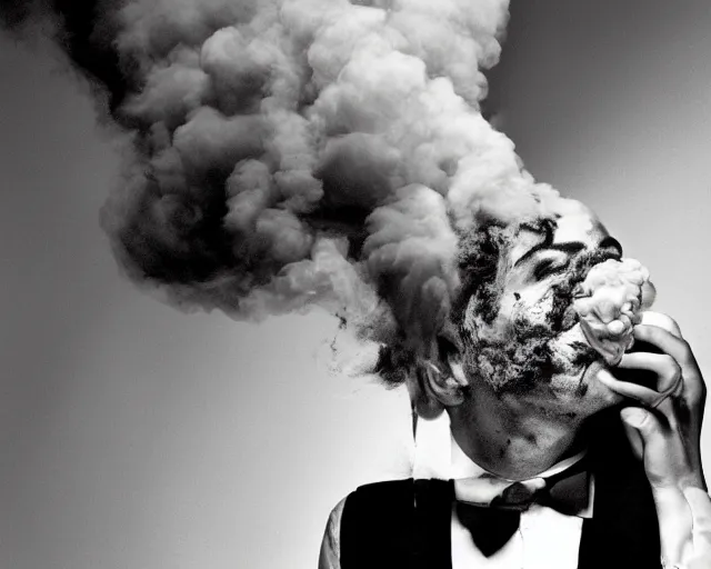 Image similar to a man who's head is turning into a puff of smoke, annie liebowitz, black and white