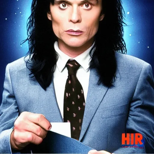 Prompt: tommy wiseau from the room ( 2 0 0 3 ) with the words'oh hi mark'written, poster, perfect kerning