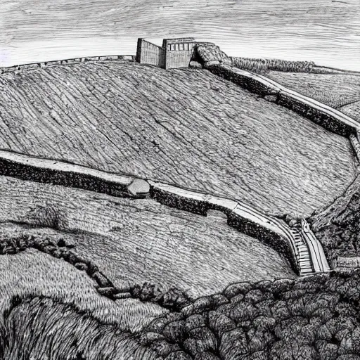 Image similar to pen illustration of hadrian's wall