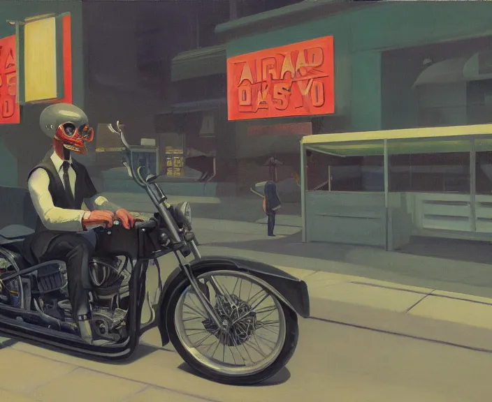 Image similar to a very detailed painting of a man wearing a suit, his head is a skull, riding a motorbike down a street, harley davidson motorbike, worm's - eye view, very fine brush strokes, very aesthetic, very futuristic, in the style of edward hopper and grant wood and syd mead, 4 k,