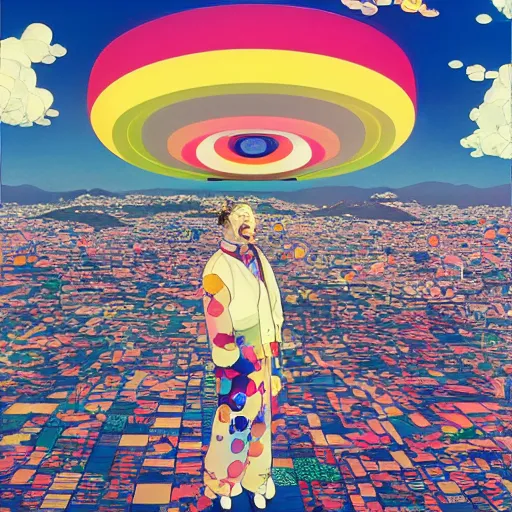 Image similar to a man walking on clouds away from the camera above kyoto by takashi murakami, beeple and james jean, aya takano color style, 4 k, super detailed, modern, 4 k, symmetrical